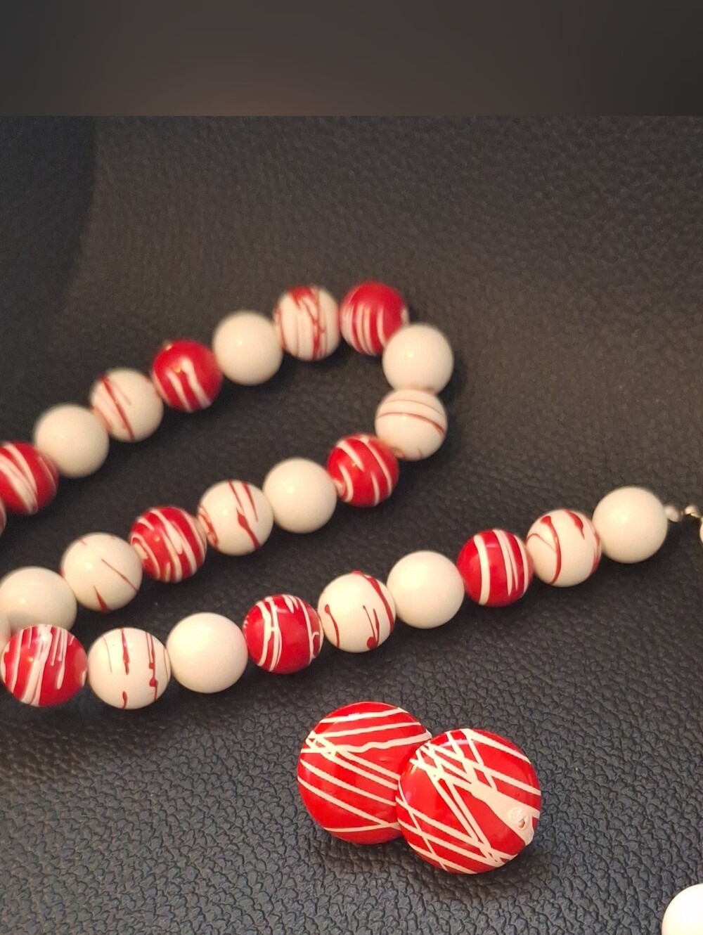 Vintage Red and White Striped Bead 26" Necklace with Matching Earrings .75"